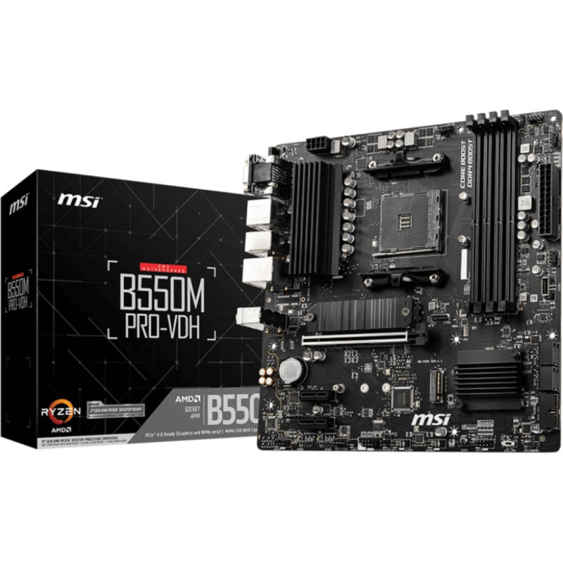 MSI Mainboard|MSI|AMD B550|SAM4|MicroATX|Memory DDR4|Memory slots 4|2xPCI-Express 3.0 1x|1xPCI-Express 4.0 16x|2xM.2|1x15pin D-sub|1xHDMI|1xDisplayPort|2xAudio-In|1xAudio-Out|2xUSB 2.0|4xUSB 3.2|1xPS/2|1xRJ45|B550MPRO-VDH