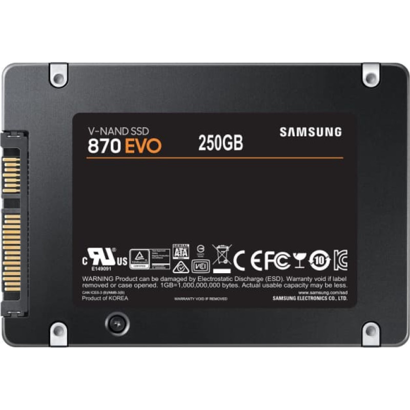 Samsung SSD|SAMSUNG|870 EVO|250GB|SATA|MLC|Write speed 530 MBytes/sec|Read speed 560 MBytes/sec|2,5"|TBW 150 TB|MTBF 1500000 hours|MZ-77E250B/EU