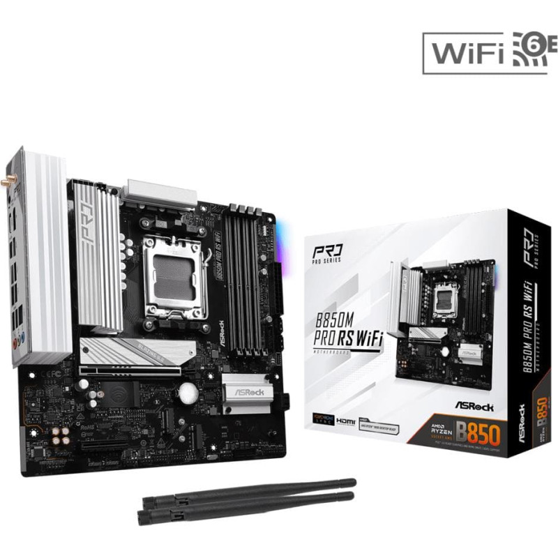 Asrock Mainboard|ASROCK|AMD B850|SAM5|Micro-ATX|Memory DDR5|Memory slots 4|1xPCI-Express 4.0 4x	|1xPCI-Express 5.0 16x|1xM.2|1xHDMI|1xDisplayPort|1xAudio-In|1xAudio-Out|1xMicrophone|4xUSB 2.0|3xUSB 3.2|1xUSB-C|1xRJ45|B850MPRORSWIFI