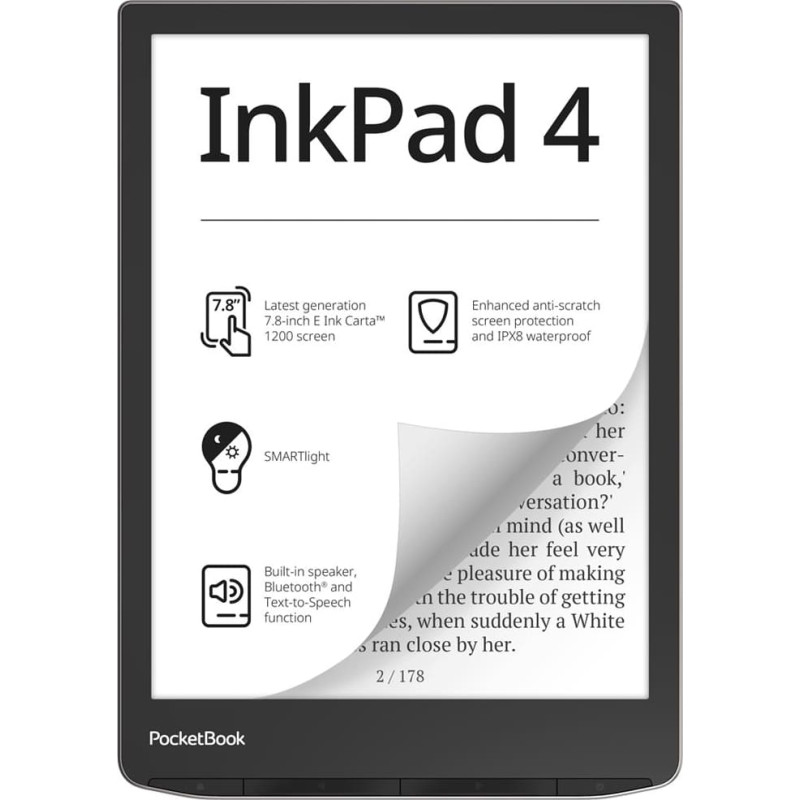Pocketbook E-Reader|POCKETBOOK|InkPad 4|7.8"|1872x1404|1xAudio-Out|1xUSB-C|Micro SD|Wireless LAN|Bluetooth|PB743G-U-WW