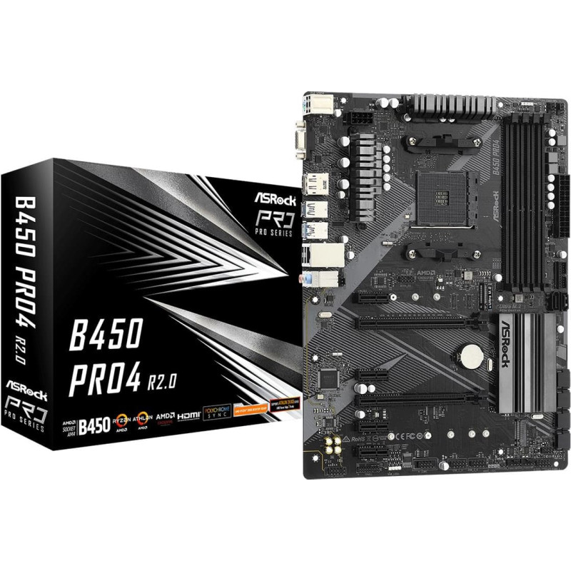 Asrock Mainboard|ASROCK|AMD B450|SAM4|ATX|4xPCI-Express 2.0 1x|2xPCI-Express 3.0 16x|2xM.2|Memory DDR4|Memory slots 4|1x15pin D-sub|1xHDMI|1xDisplayPort|2xAudio-In|1xAudio-Out|2xUSB 2.0|1xUSB type C|5xUSB 3.2|1xPS/2|1xRJ45|B450PRO4R2.0