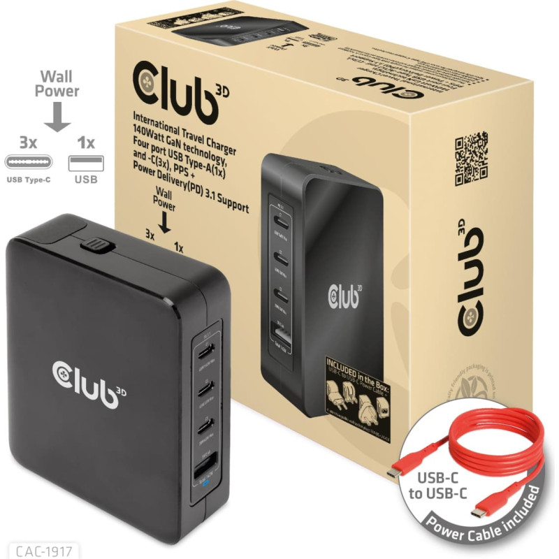 Club3D MOBILE TRAVEL CHARGER USB-C/140W GAN CAC-1917 CLUB3D
